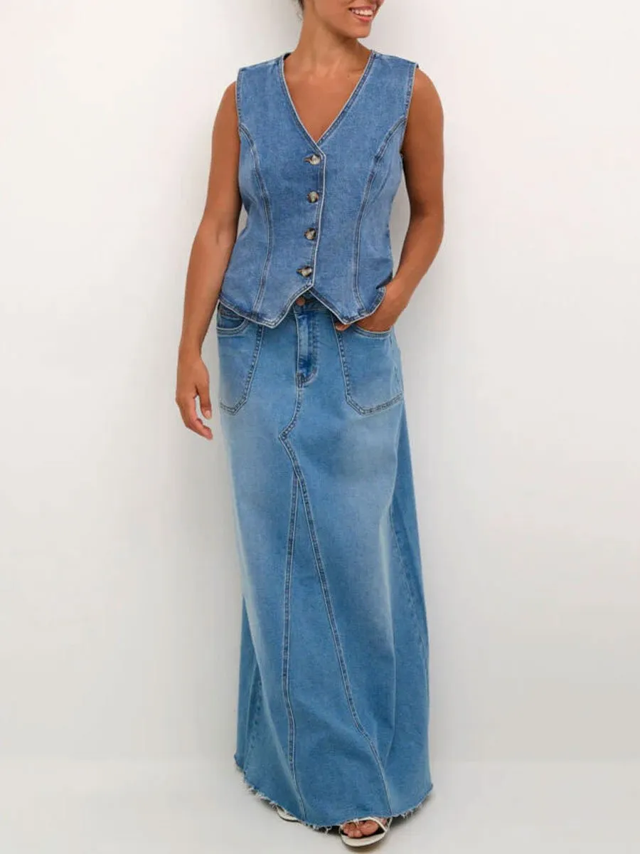 Casual Loose Pocket Vintage Denim Skirt