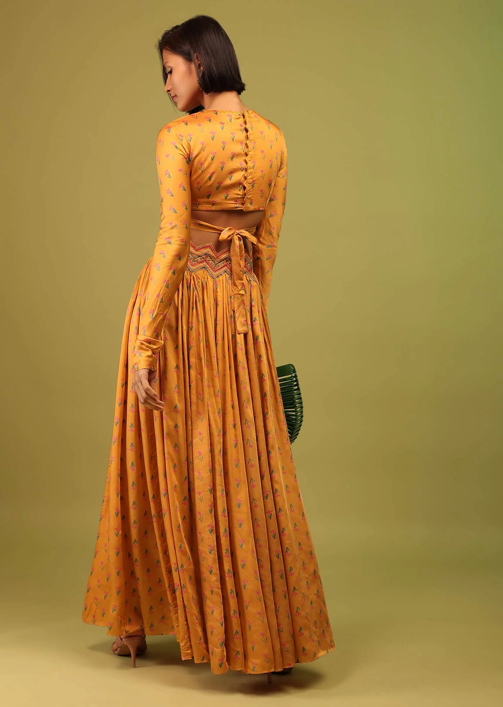 Chrome Yellow Crop Top And Lehenga In Cotton Silk With Floral Print & Embroidery