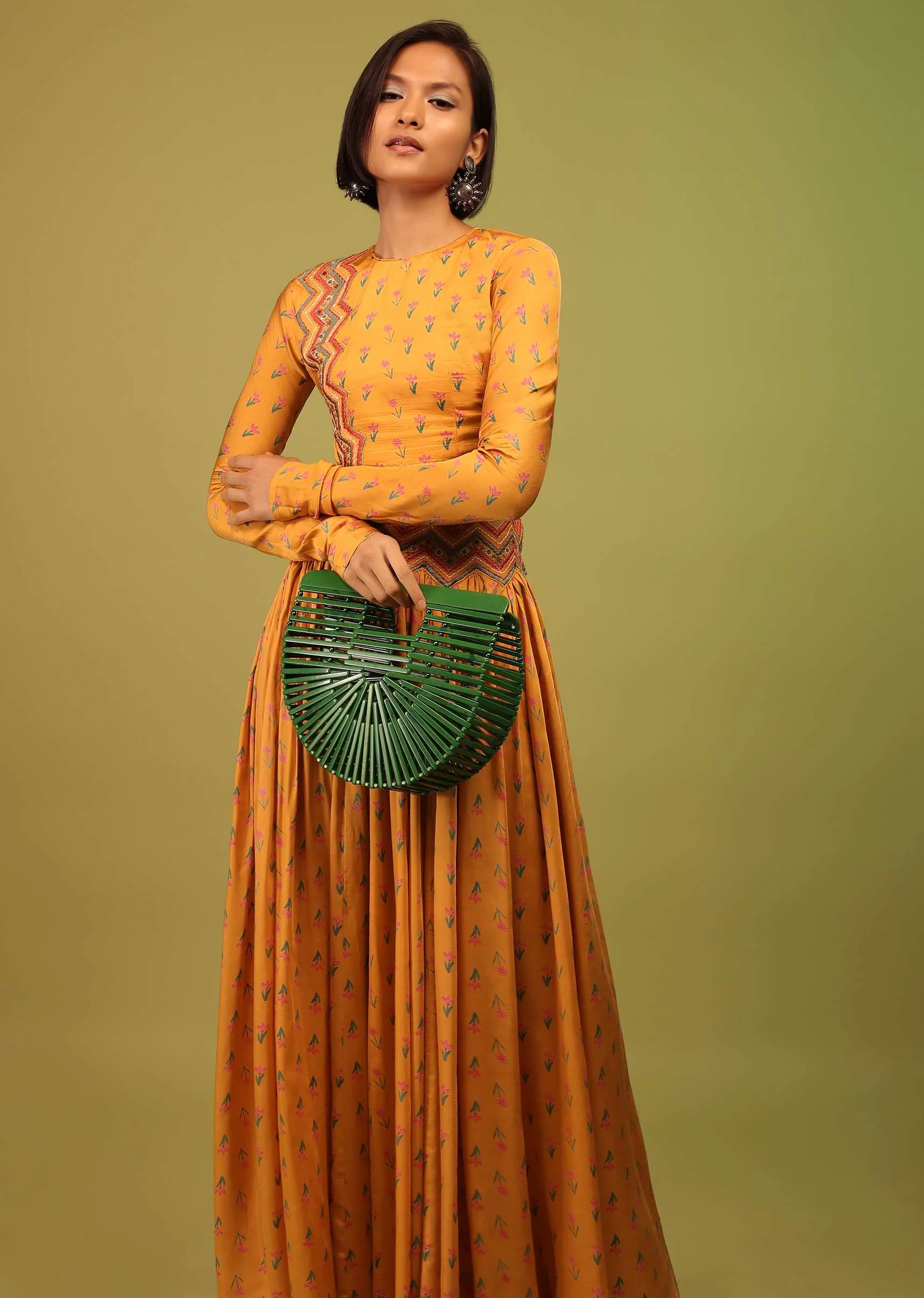 Chrome Yellow Crop Top And Lehenga In Cotton Silk With Floral Print & Embroidery