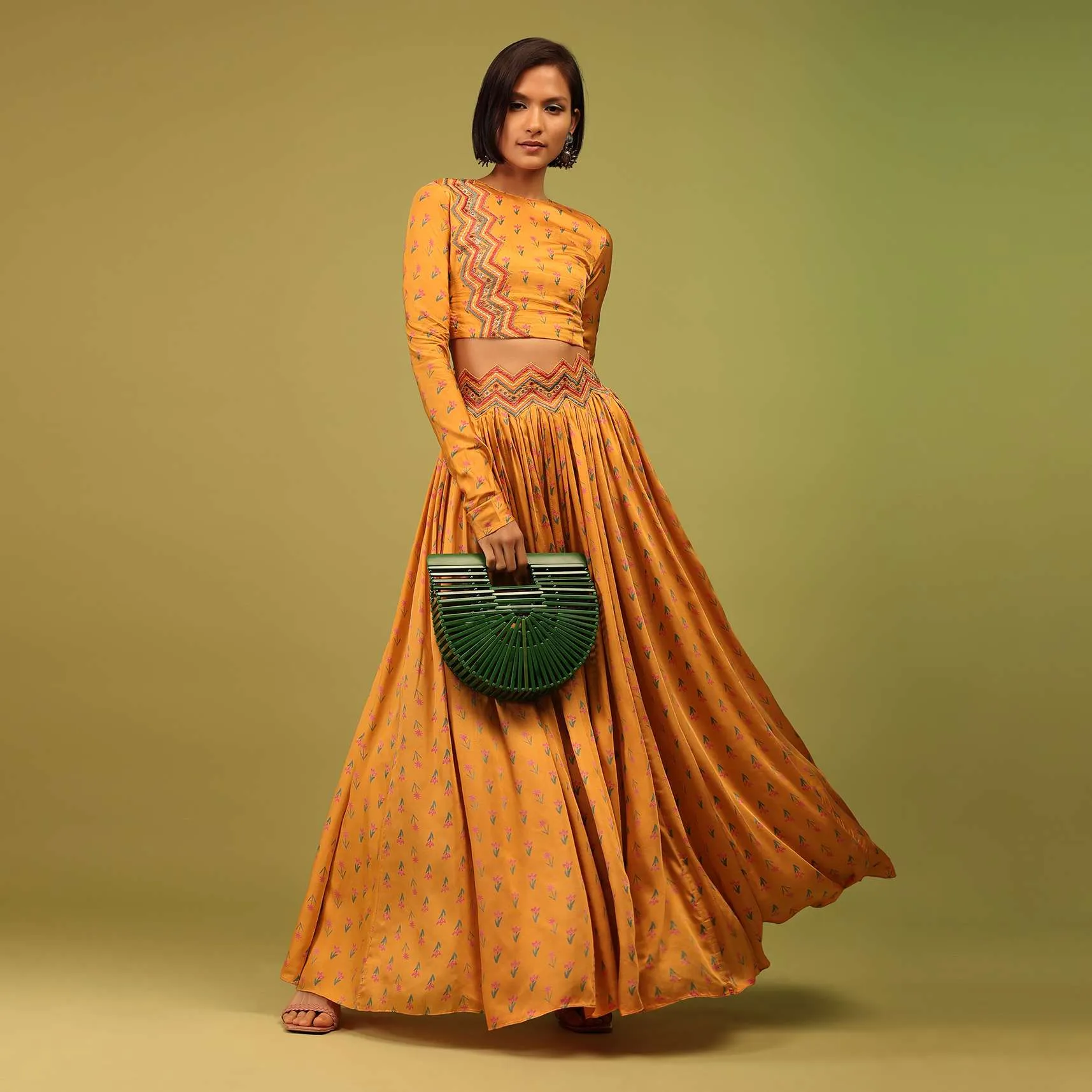Chrome Yellow Crop Top And Lehenga In Cotton Silk With Floral Print & Embroidery