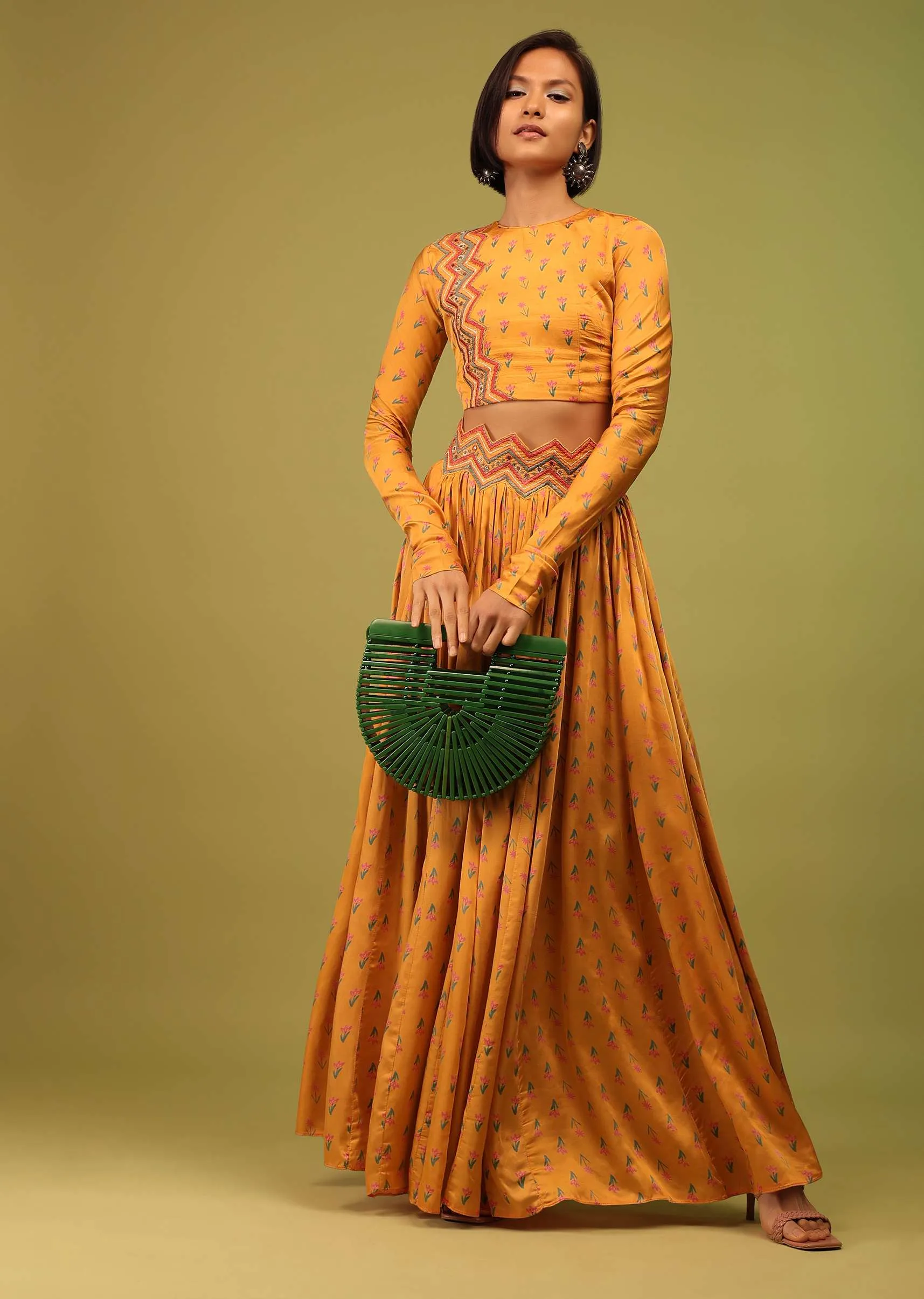 Chrome Yellow Crop Top And Lehenga In Cotton Silk With Floral Print & Embroidery