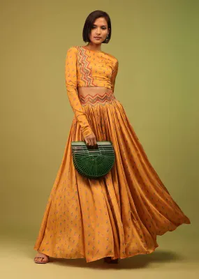 Chrome Yellow Crop Top And Lehenga In Cotton Silk With Floral Print & Embroidery