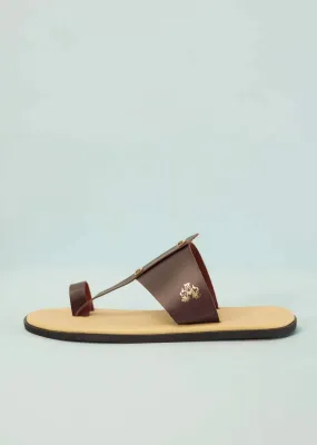 Cream White And Mocha Brown Strappy Slides For Men In Leather With Buttons