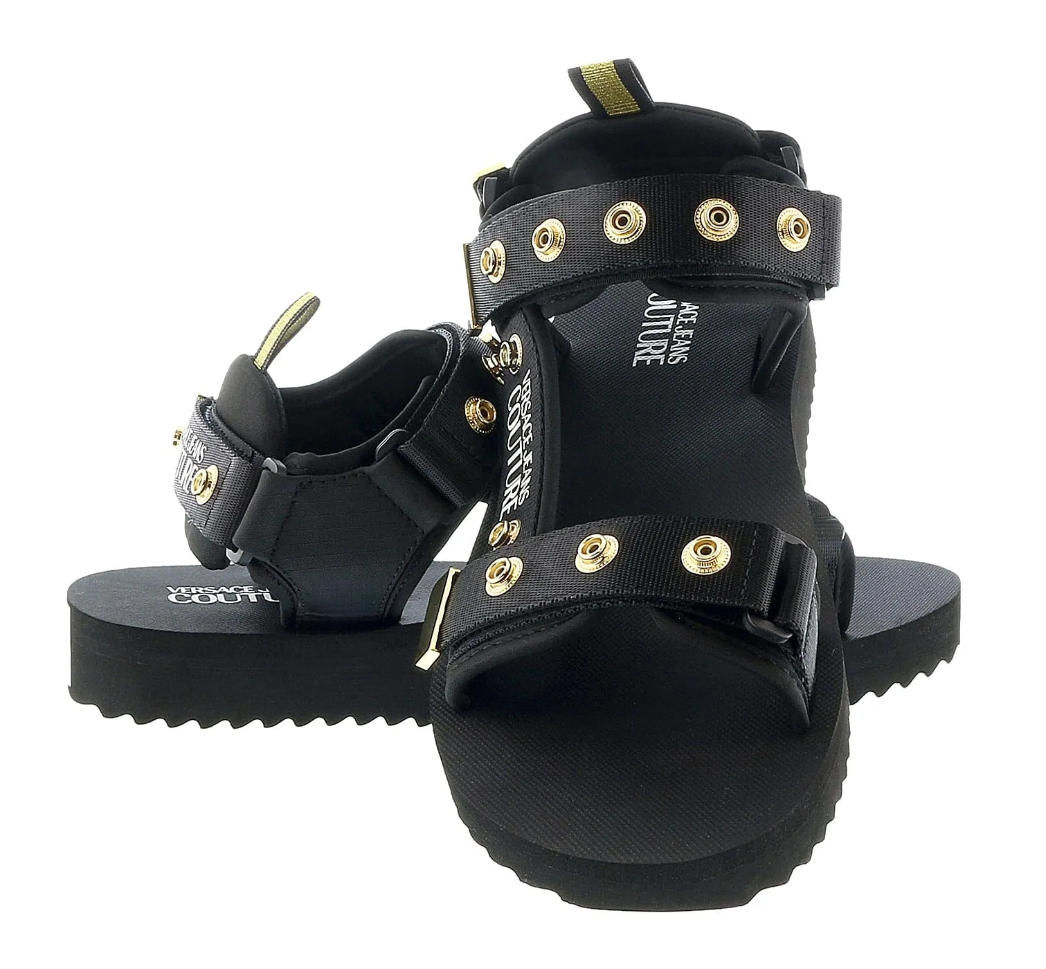 Versace Jeans Couture Black Gold Gold Riveted Strap Trek Fashion Sandal-
