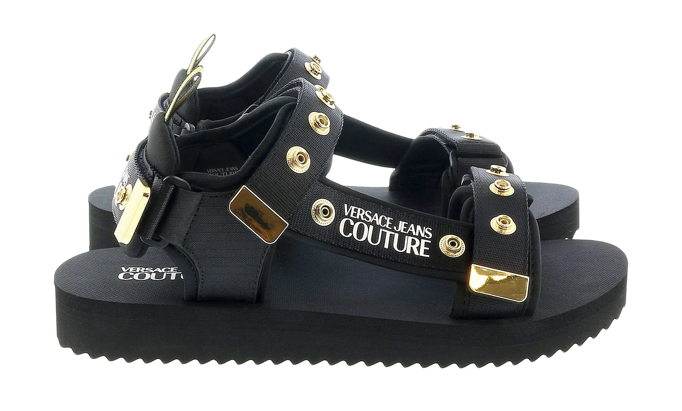 Versace Jeans Couture Black Gold Gold Riveted Strap Trek Fashion Sandal-